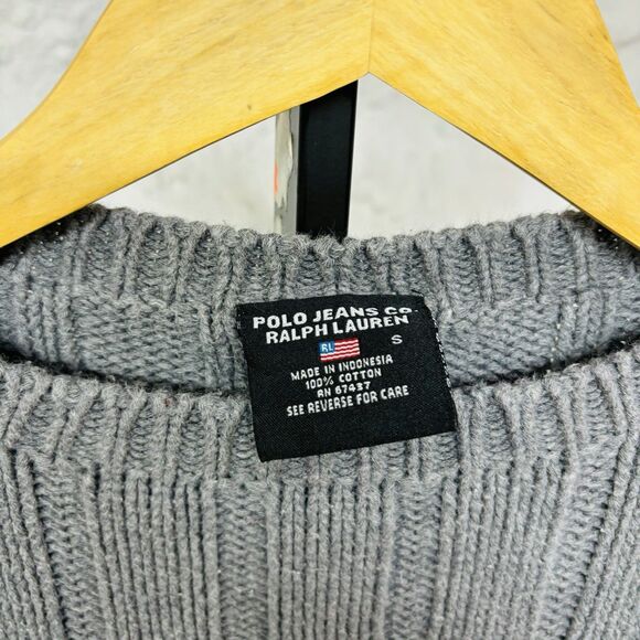 Vintage Polo Jeans Co Ralph Lauren Gray American Flag Chunky Rib Knit Sweater - Picture 5 of 6